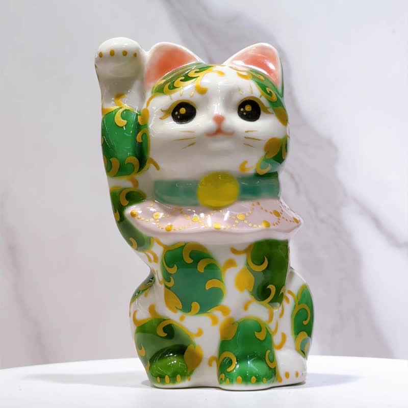 【唐草聚福】日本清水燒招財貓 | 色繪 白地 唐草 - 裝飾/擺設  - 瓷 白色