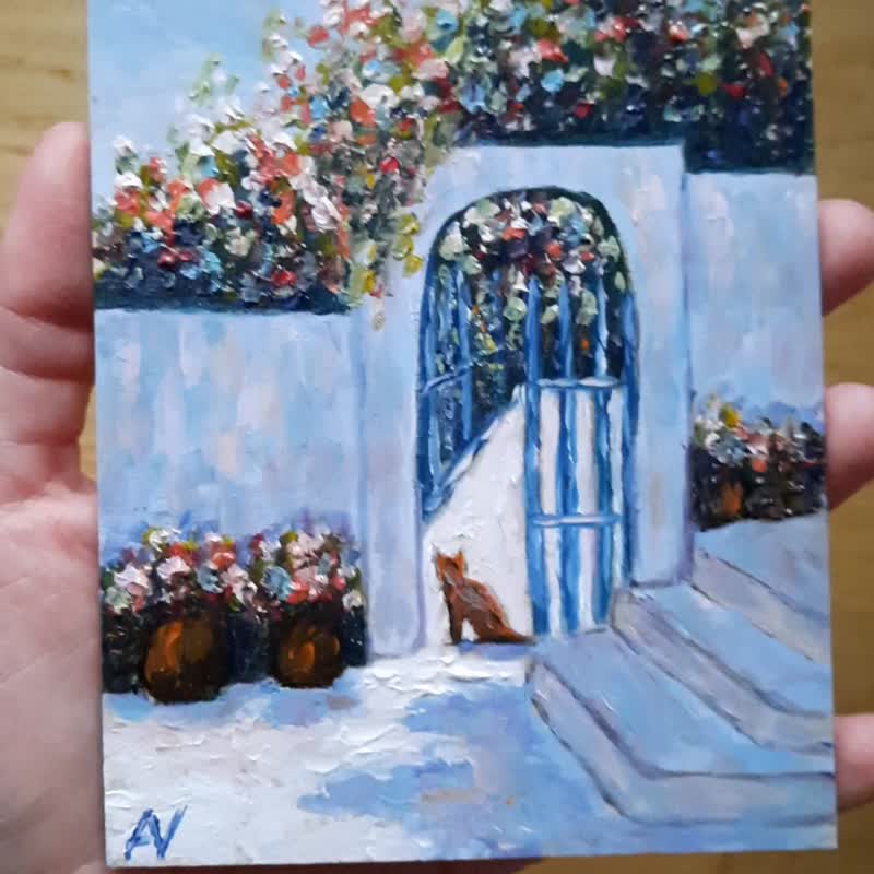 希臘原創油畫、地中海貓咪、九重葛、迷你藝術畫作 - 壁貼/牆壁裝飾 - 木頭 