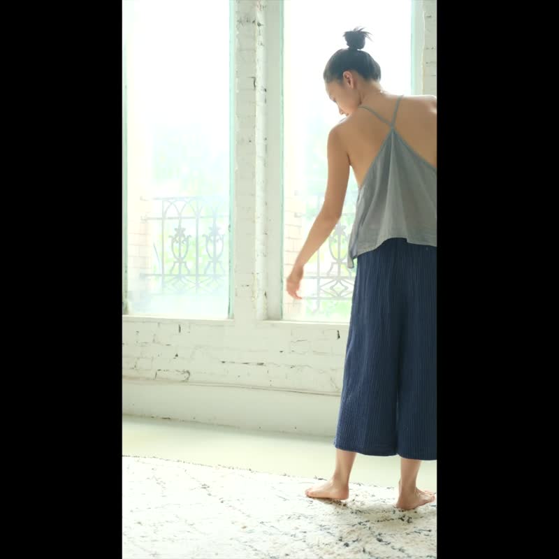 條紋布料寬褲 / 雙層紗 黑 - 女長褲 - 棉．麻 黑色