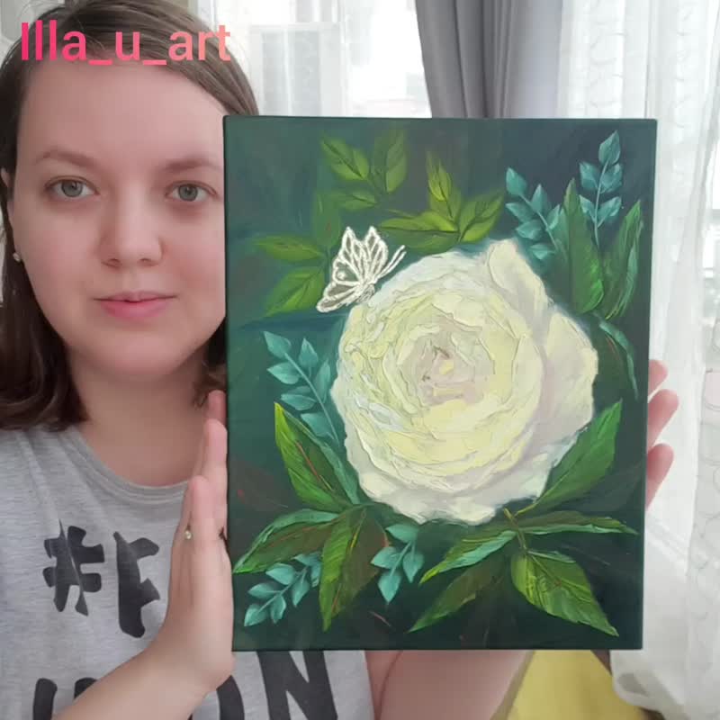 Rose Painting Butterfly Original Art Flower Wall Art Floral Canvas Oil Painting - 海報/掛畫/掛布 - 棉．麻 綠色