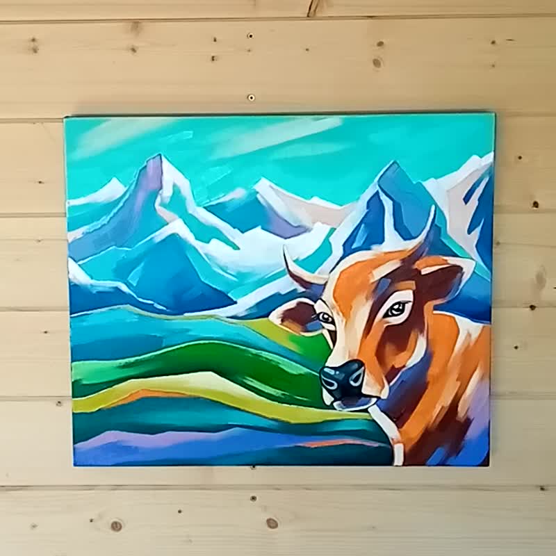 Alpine Mountains Painting Cow Original Art Animal Artwork Landscape Wall Art - Posters - Other Materials Blue
