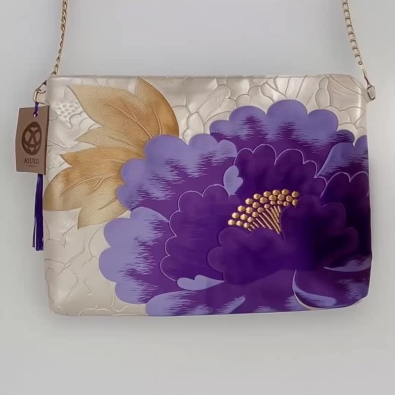 日本真絲和服袋帶肩背, 手工刺繡斜挎包, 環保再生時尚設計 - 側背包/斜背包 - 絲．絹 紫色