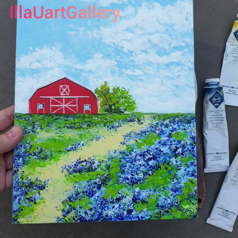 Red Barn Painting Bluebonnet Original Art Floral Wall Art Landscape Artwork - 海報/掛畫/掛布 - 其他材質 多色