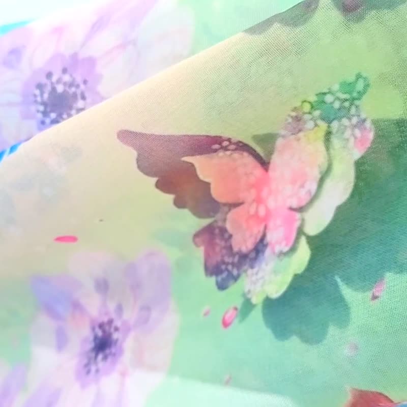 母の日人気【Beautiful fountain &flower-colored butterflies】シフォン　ストール　スカーフ　母の日　誕生日プレゼント - 圍巾/披肩 - 聚酯纖維 藍色