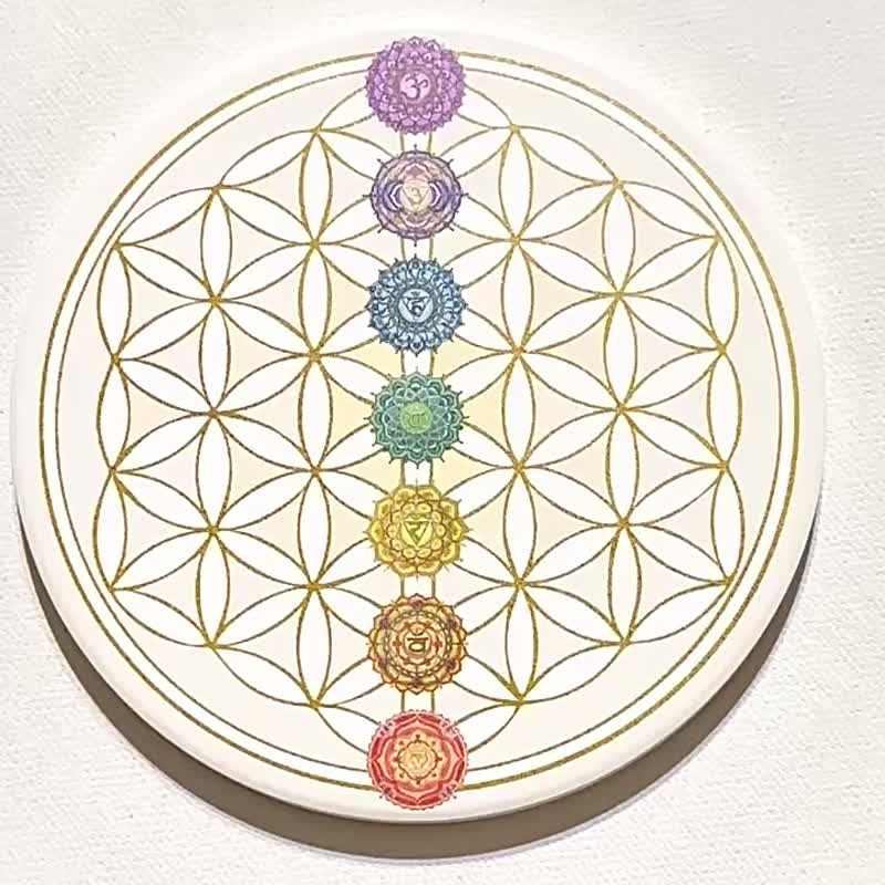 Exclusively created hand-painted art Joy Zen Seven Chakras Flower of Life Mandala Yingge Ceramic Water Absorbent Coaster - ที่รองแก้ว - เครื่องลายคราม หลากหลายสี