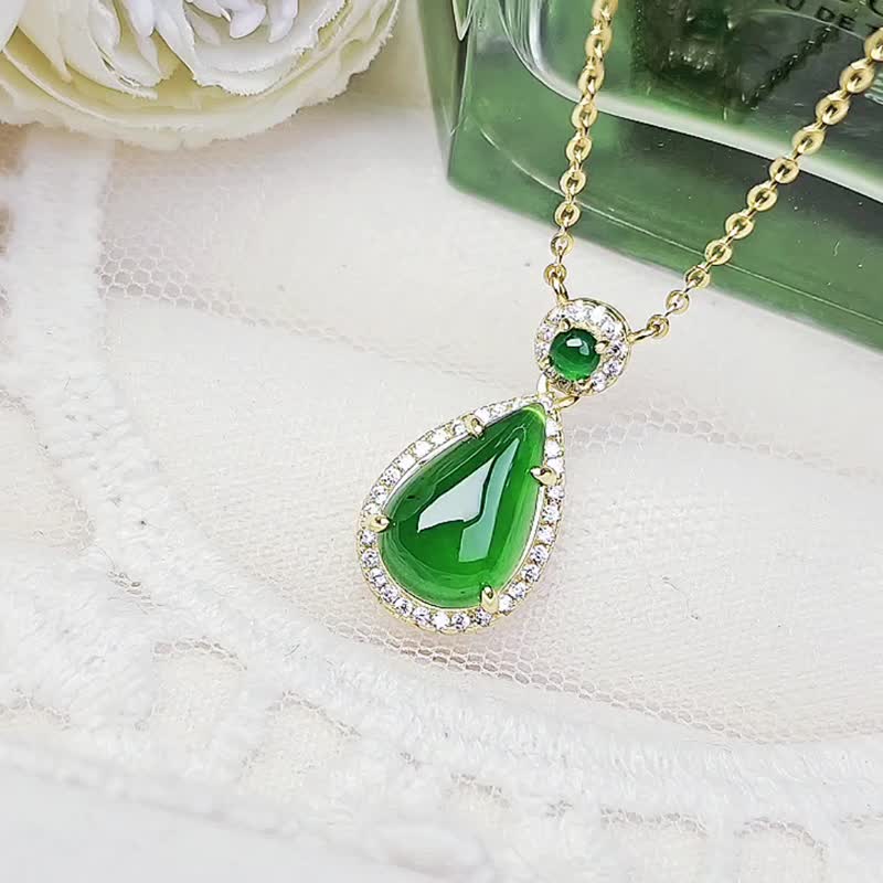 Wealth | Nobility | A-quality jadeite ice glass old pit sun green large water drop sterling silver necklace - Necklaces - Jade 