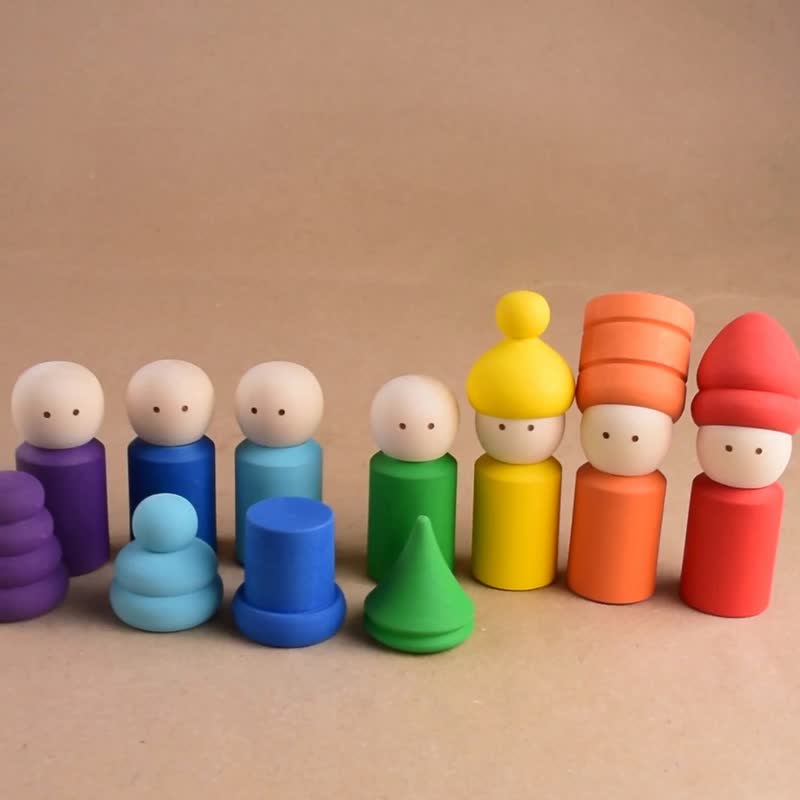 Wooden Montessori Color Sorter Toy Rainbow Peg Dolls Little People Gnome Unique - ของเล่นเด็ก - ไม้ หลากหลายสี