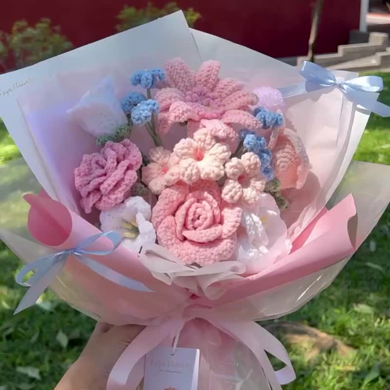 Leo's exclusive birthday bouquet woven flowers crocheted flowers knitted flowers birthday bouquet Chinese Valentine's Day - Dried Flowers & Bouquets - Cotton & Hemp Pink