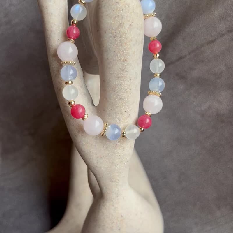 Crystal bracelet rose quartz/moonstone/blue agate/rose glow 14k gold-filled accessories - สร้อยข้อมือ - เครื่องประดับพลอย 