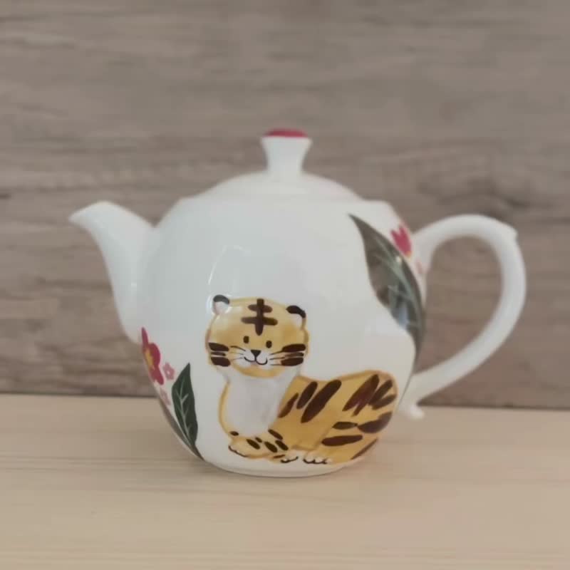 A Lu 萌虎和牠的好朋友陶壺杯組/禮物 原創手繪 僅此一組 - 茶壺/茶杯/茶具 - 陶 多色