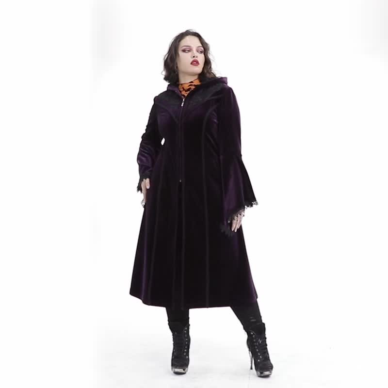 【大尺碼】哥德巫師姊妹會絲絨連帽外套 - 黑 / 紫 - 女大衣/外套 - 其他材質 紫色