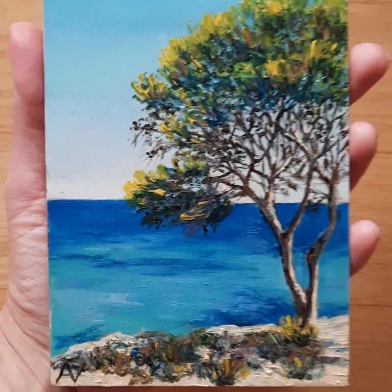 ハルキディキの松の木 原画 油絵 エーゲ海 風景画 ミニ ギリシャ アート - ウォールデコ・壁紙 - 木製 
