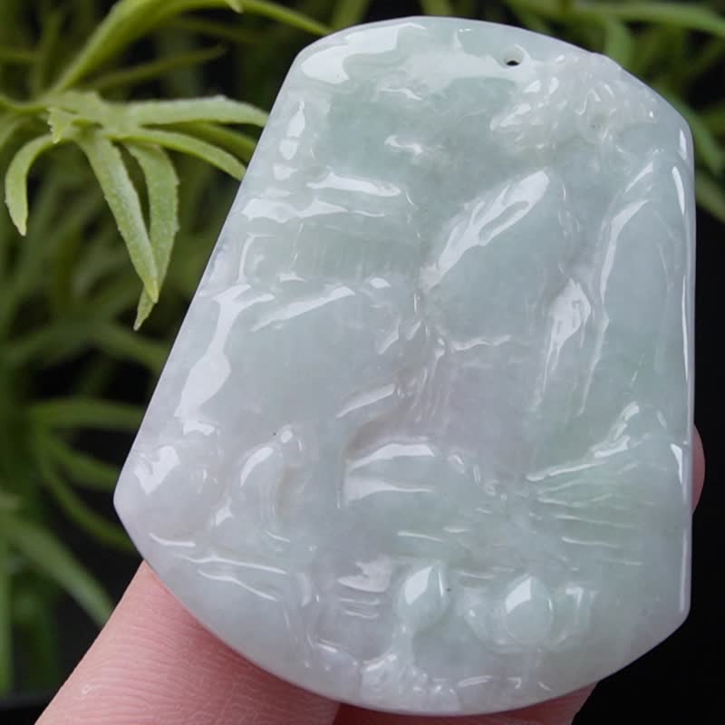 淡綠翡翠山水牌項鍊 | 天然緬甸玉翡翠A貨 | 送禮 - 項鍊 - 玉石 綠色