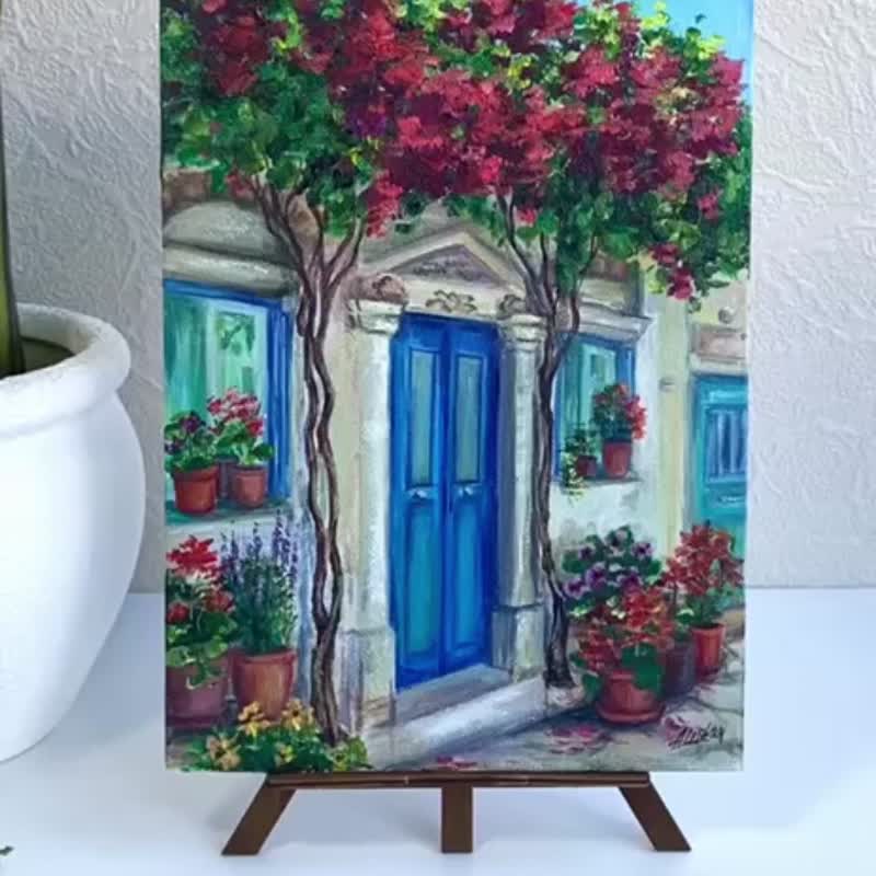 Greece painting Original acrylic painting Cityscape painting Flower on street - โปสเตอร์ - วัสดุอื่นๆ หลากหลายสี