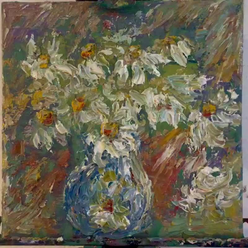 Daisies aceo original oil painting on canvas,impasto impressionistic artwork - 壁貼/牆壁裝飾 - 其他材質 橘色