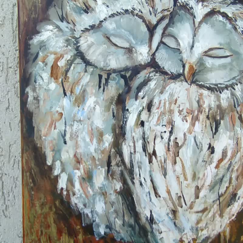 Owl Painting Original Art Canvas Couple Bird Two Owls Love Couple Birds Lovers - โปสเตอร์ - วัสดุอื่นๆ สีนำ้ตาล