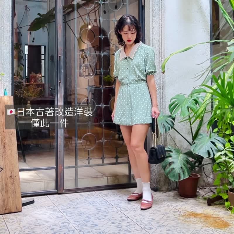 Retro green polka dot dress [Japanese antique clothing remade] Sustainability is the most luxurious boutique - ชุดเดรส - เส้นใยสังเคราะห์ สีเขียว