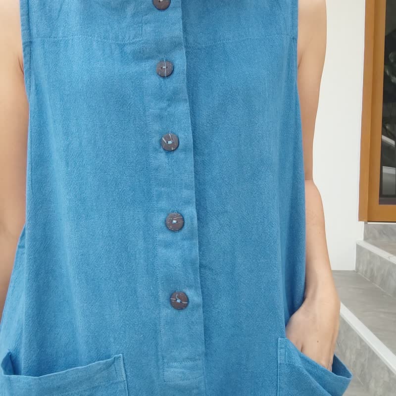 Blue Jumpsuit - 靛藍領帶寬鬆連身褲 - 吊帶褲/連身褲 - 棉．麻 藍色