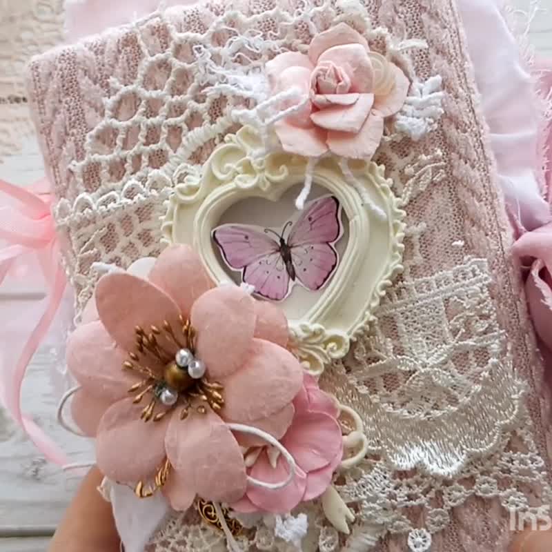 Peach rose junk journal handmade blank Lace floral dairy Woman elegant notebook - Notebooks & Journals - Paper Pink