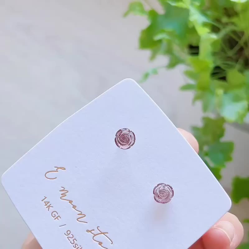 畢業級電氣石 玫瑰花碧璽半寶石耳針 純銀 - 耳環/耳夾/耳骨夾 - 半寶石 紫色