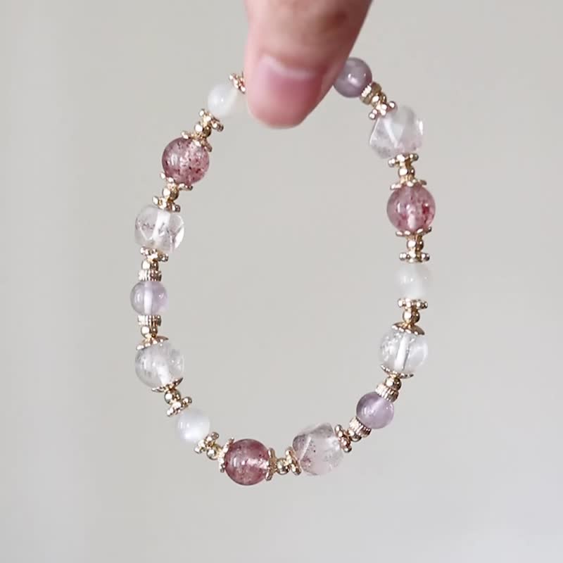 [Love Milkshake] Strawberry Crystal Super Seven Gold Strawberry Moonstone Lavender Amethyst/Peach Blossom/ - Bracelets - Crystal Pink