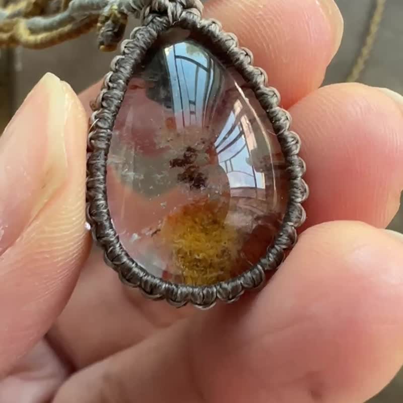 N1191 民族風 蠟線編織 花幽靈水晶 項鍊 (可調長度) - 項鍊 - 寶石 咖啡色