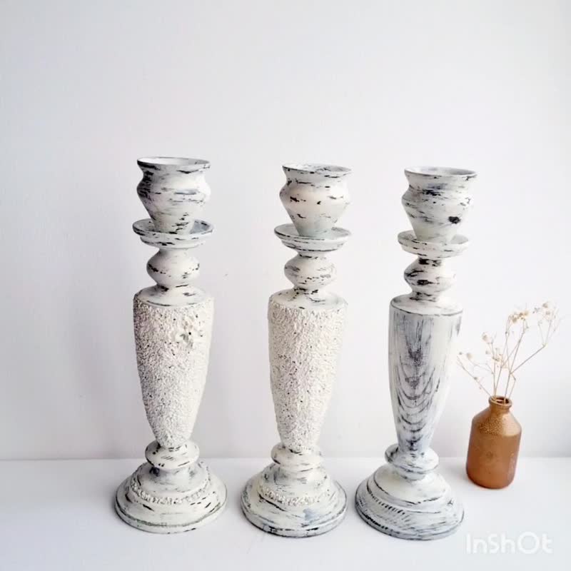 White wooden candle holders Set of 3 tall white wash wood candlestick holder - 香氛蠟燭/燭台 - 木頭 白色