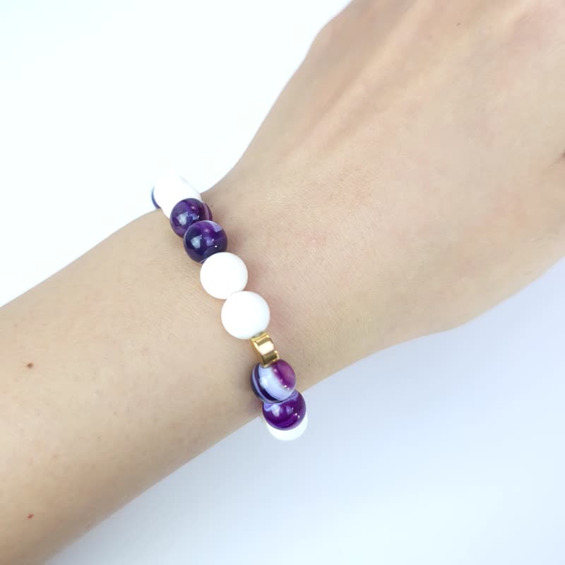 Yuhua Purple Rhyme (White Han Jade/Purple Striped Agate/Zinc Alloy (Gold)) (13cm) - Bracelets - Stone Purple