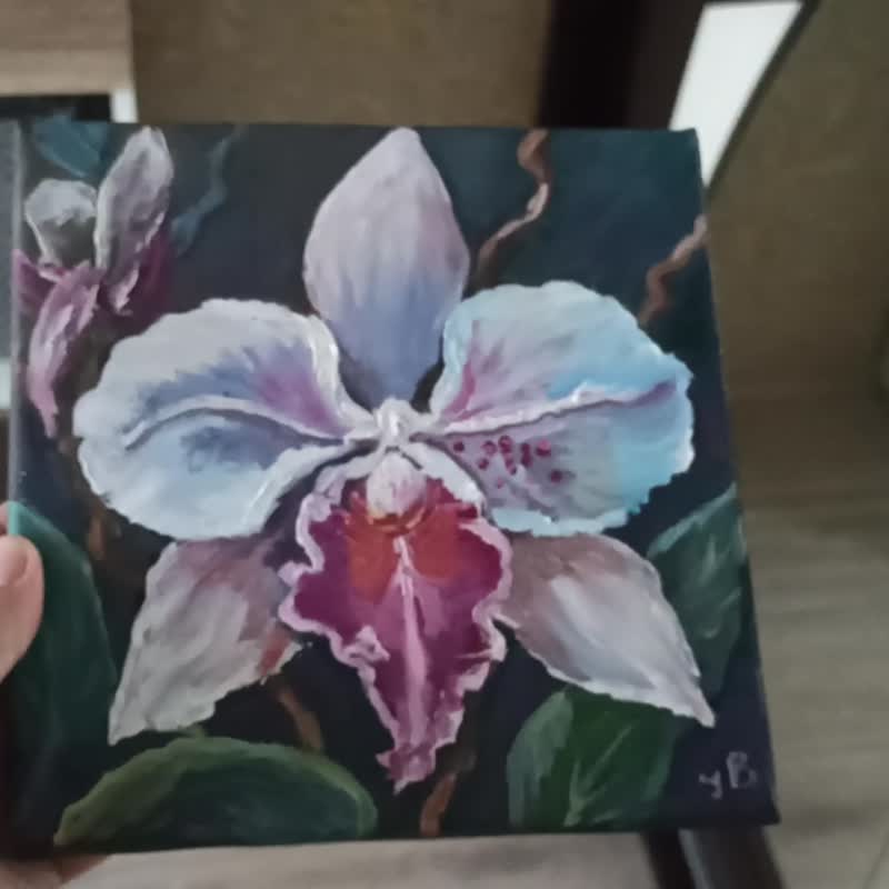 Flower Original Oil Painting on Canvas 20x20cm White Orchid Small Artwork - 海報/掛畫/掛布 - 其他材質 