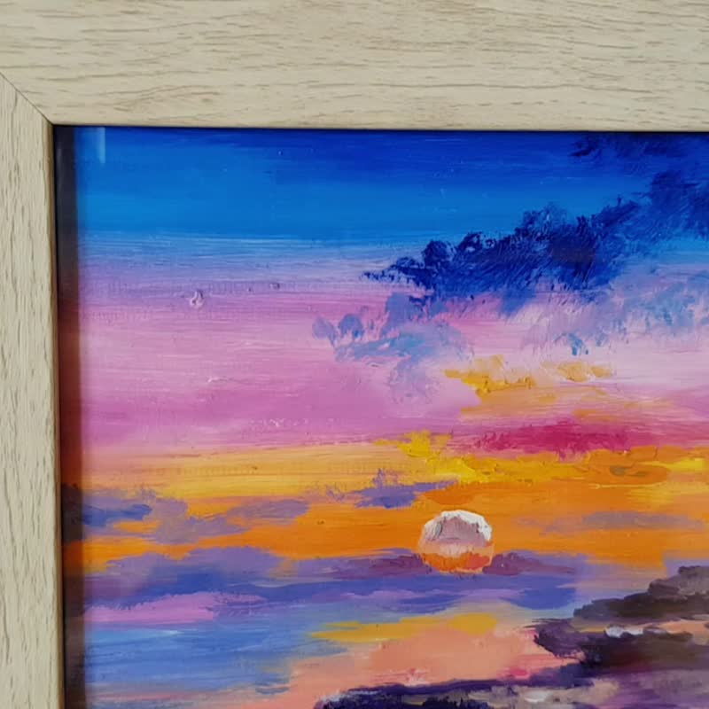 Small original cute Landscape artwork hand painted oil painting framed - 牆貼/牆身裝飾 - 其他材質 