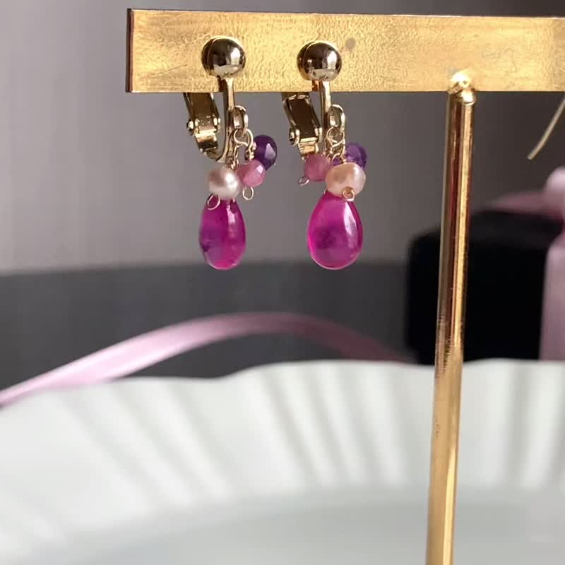 14KGF Pink Sapphire earrings / Valentine's Day - ต่างหู - เครื่องเพชรพลอย สึชมพู