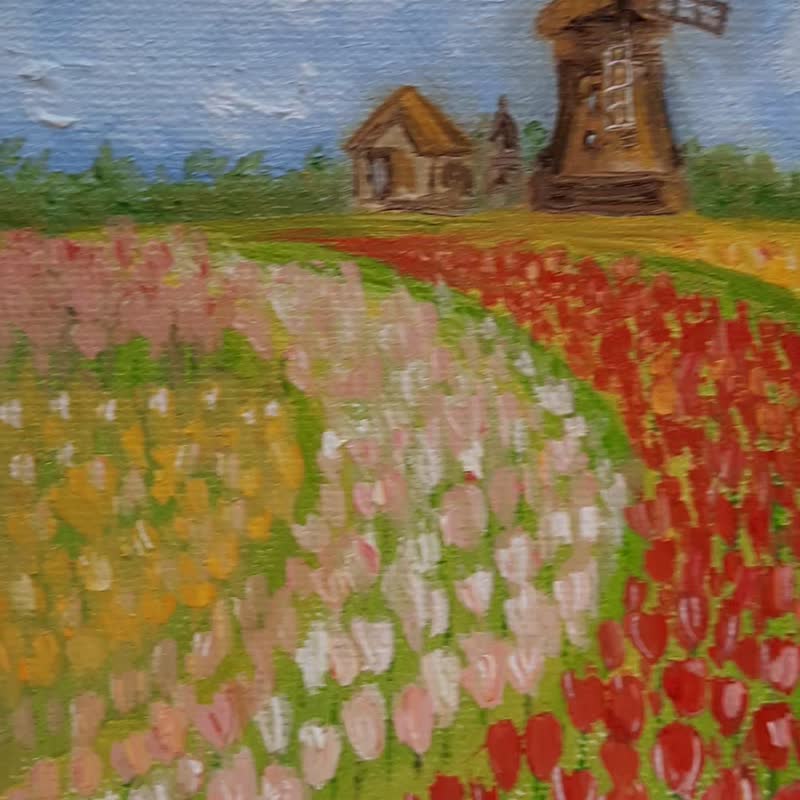 オランダ絵画油絵チューリップ畑の壁アートミル油絵オランダ絵画