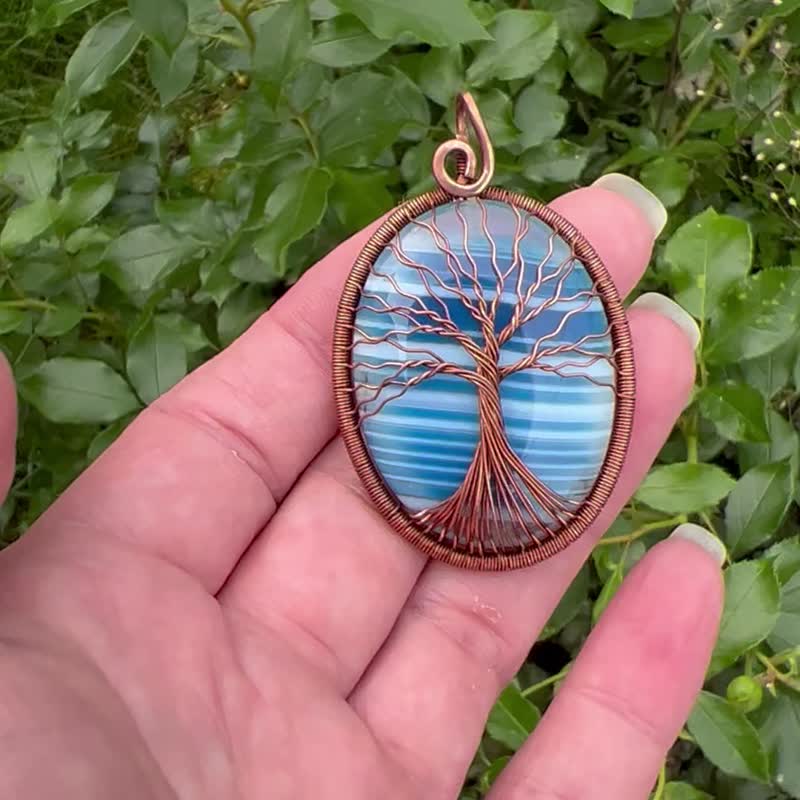 Agate Pendant Tree-Of-Life Necklace Copper Wire Wrapped Necklace - 項鍊 - 半寶石 藍色