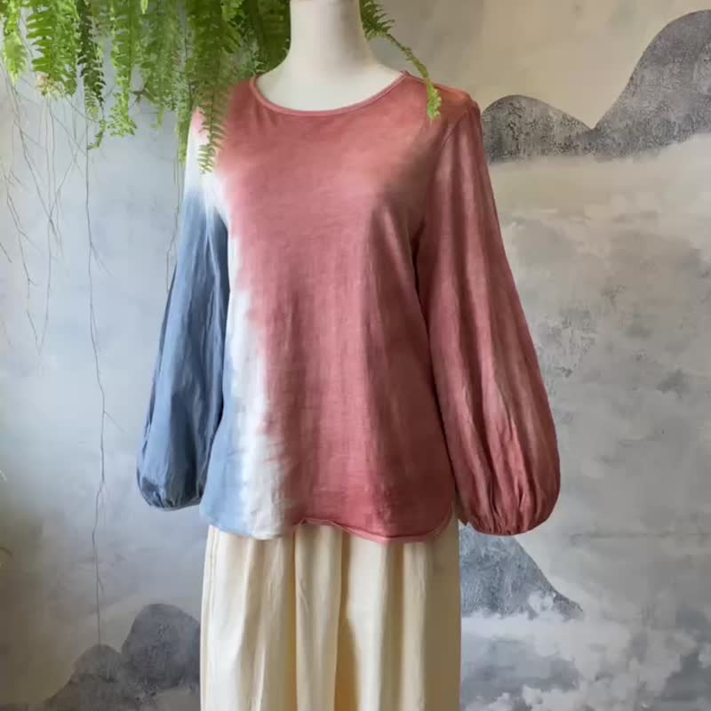 Mineral mud-dyed 100% organic cotton long-sleeved crew neck top with palazzo sleeves and tie-back design - Women's Tops - Cotton & Hemp Red