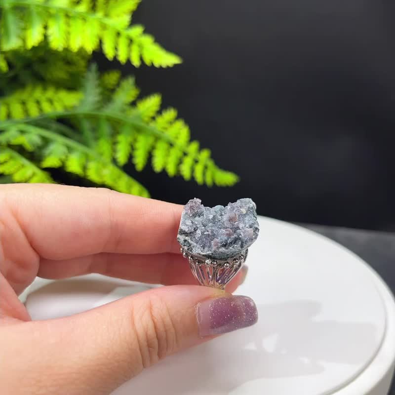 灰紫色水晶活口戒指 隨形原石標本 星光閃片晶簇手工指環 S925銀 - 戒指 - 水晶 