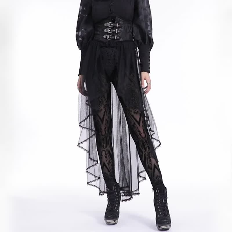 Gothic Soul Curtain Waist Mesh Long Skirt/Two-piece Suit - กระโปรง - วัสดุอื่นๆ สีดำ