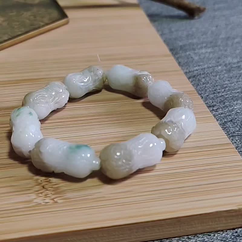 純翠 天然翡翠 冰黃翡半山半水百事來財 特殊色白菜手串 - 手鍊/手環 - 玉石 多色