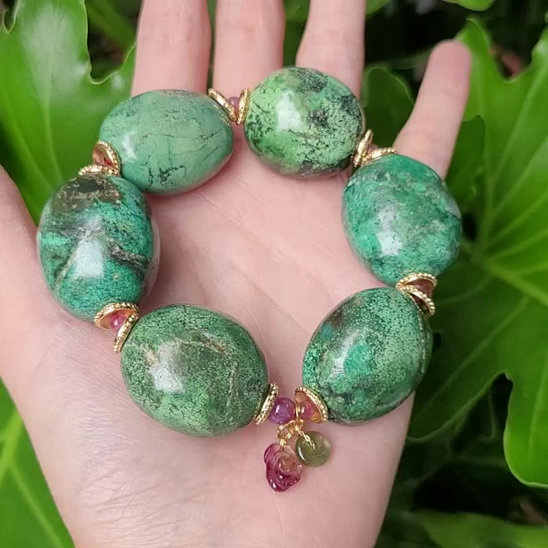 珍稀高瓷綠松石 水墨 西瓜碧璽 古錢招財 大寶石手鍊 單品 禮物 - 手鍊/手環 - 寶石 綠色