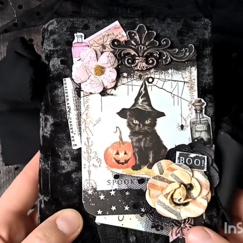 Halloween Black Cat Junk journal handmade Gothic Witch magical spells notebook - 筆記本/手帳 - 紙 黑色