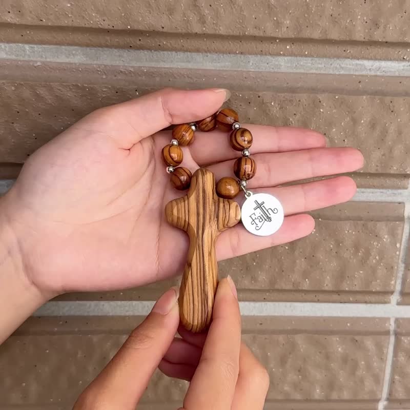 Car Decor,Universal Decor,Palm Olive Wood Palm Cross and 10mm Bead,FAITH Pendant - พวงกุญแจ - ไม้ สีกากี