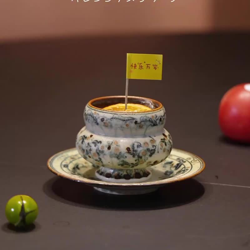 人氣作品 中國唐風青花瓷金枝玉葉墩墩杯 景德鎮手作咖啡杯250ml - 咖啡杯/馬克杯 - 陶 藍色