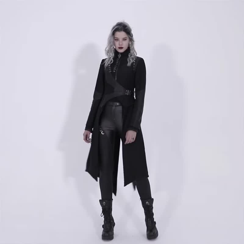 龐克鎮尼裂紋立領長外套 - 女大衣/外套 - 其他材質 黑色
