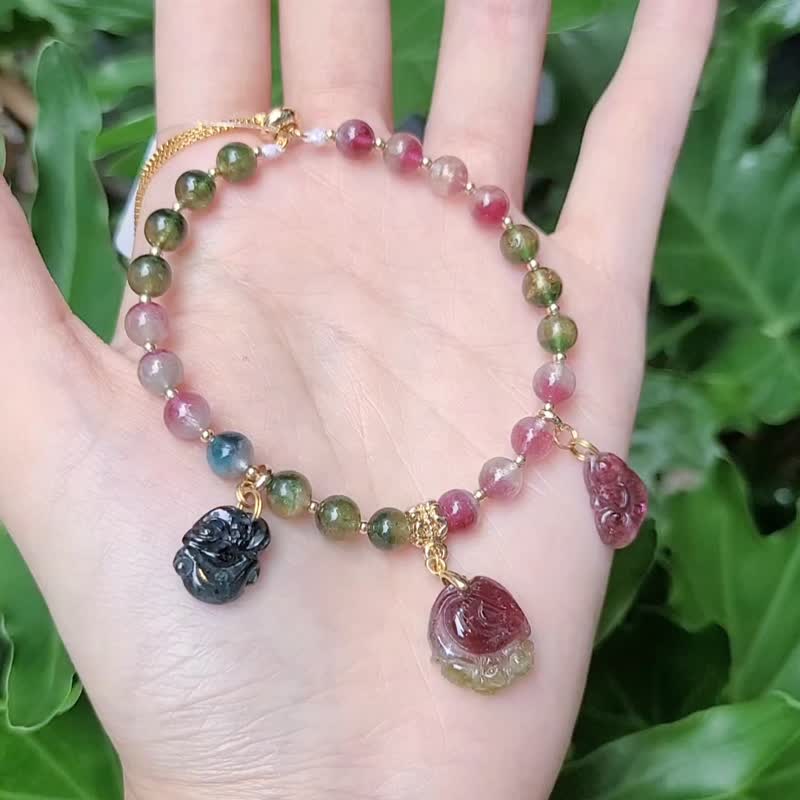 頂級稀有西瓜碧璽 聚寶盆 如意 招財 彩虹 七脈輪 手鍊 單品 禮物 - 手鍊/手環 - 寶石 多色