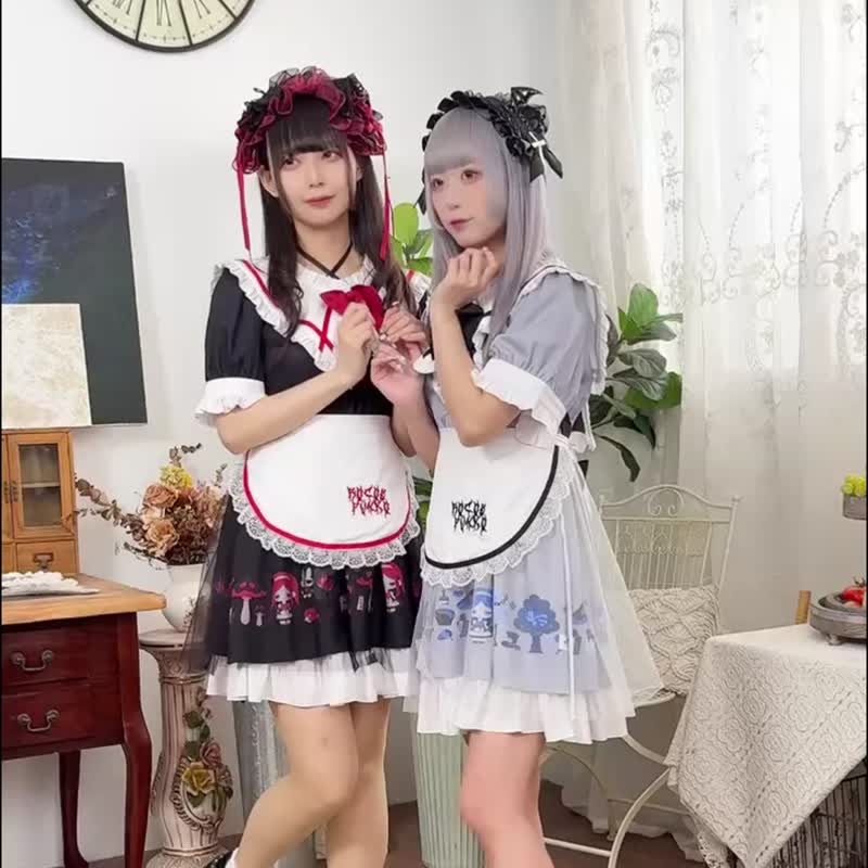 原創墜夢愛麗絲水手領片荷葉邊蝴蝶結罩紗短袖女僕圍裙洋裝JJ2537 - 洋裝/連身裙 - 聚酯纖維 