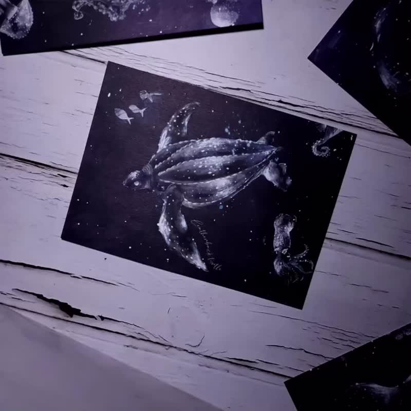 企鵝星空 - 海洋夜光明信片 | 藍色光芒 - 卡片/明信片 - 紙 