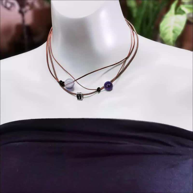 Initial Birthstone Jan to June Diffuser Leather Necklace Glass Bead Multi Level - สร้อยคอทรง Collar - เครื่องประดับพลอย หลากหลายสี