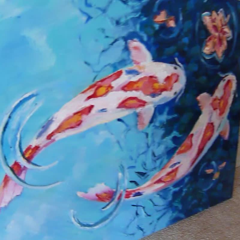 锦鲤的绘图、キャンバスに鯉の油絵、オリジナルの鯉の壁アート、鯉魚 