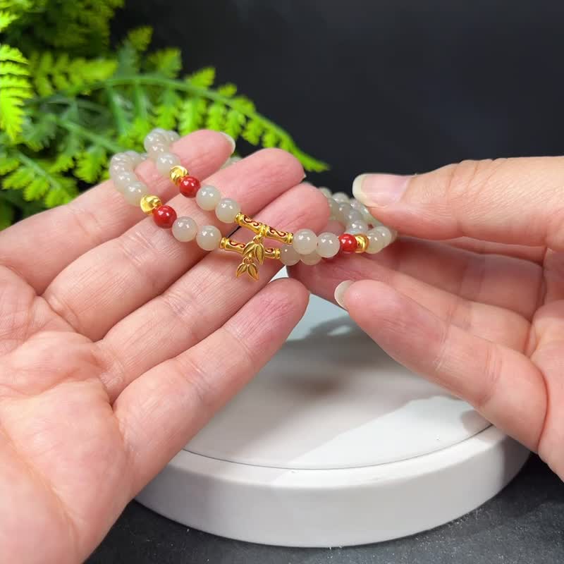 和田玉藕粉配朱砂設計款手串 6mm 搭配S925銀鍍金竹節 氣質優雅 - 手鍊/手環 - 玉石 