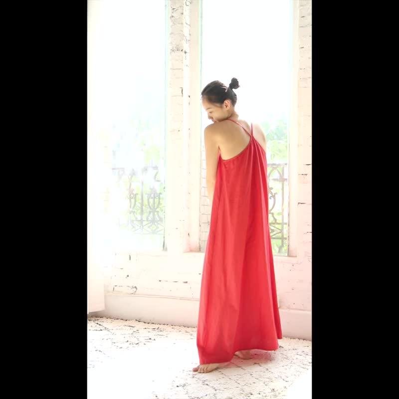 OMAKE Y背細肩帶長洋裝 粉紅 - 洋裝/連身裙 - 棉．麻 紅色