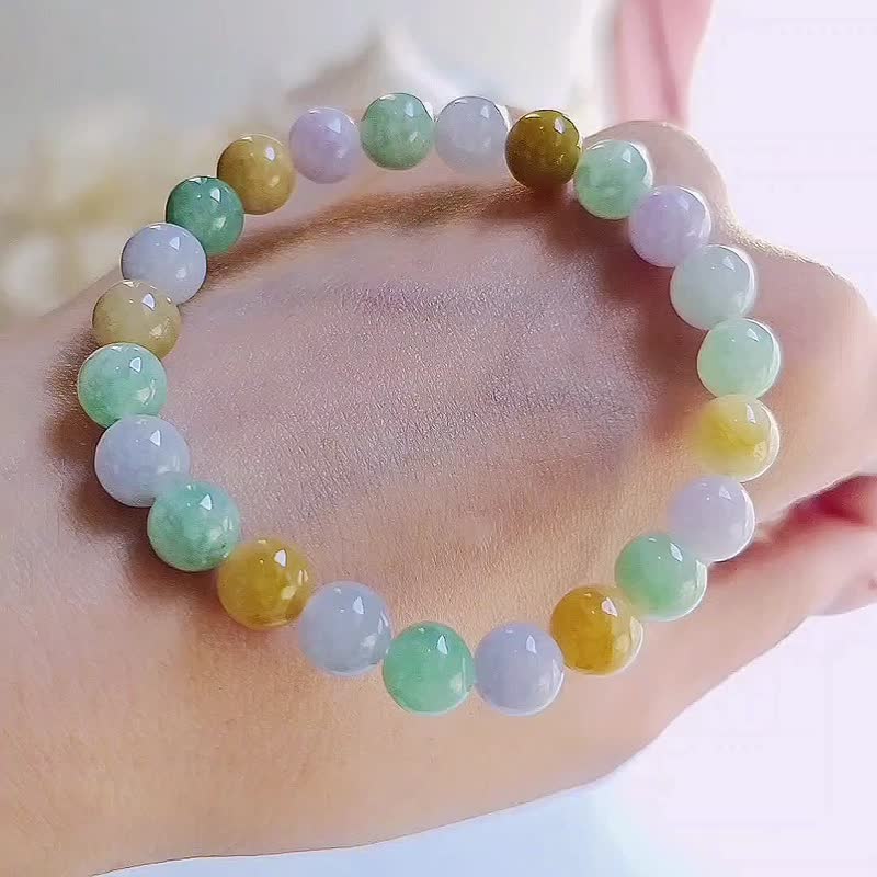 |Five elements bring good luck and many treasures|Myanmar A-quality jadeite multi-bead rainbow bead bracelet - Bracelets - Jade 